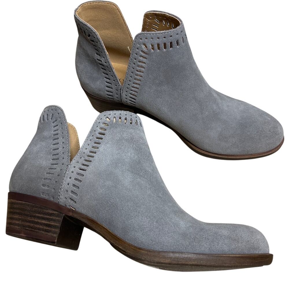 Lucky Brand Bustina Gray Suede Bootie Boots‎ Stack Heel Size 6.5 Leather Upper